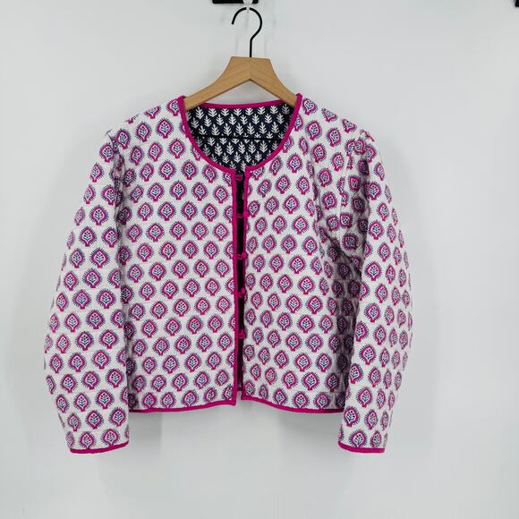 J.Crew x SZ Blockprints Reversible Quilted Jacket Blue White Floral Boho Size L - Picture 7 of 7